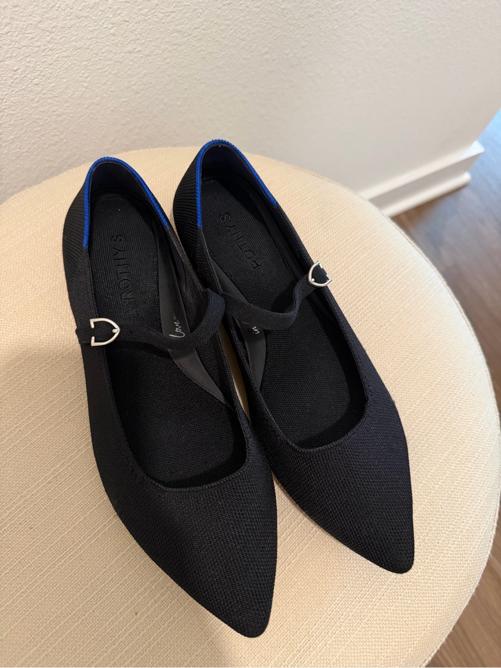 Rothy's Black Pointed Mary Jane Flats with Blue Trim